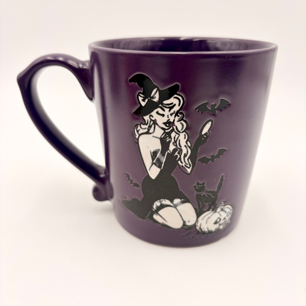 Purple Pinup Witch Halloween Coffee Mug Black Cat Bats Pumpkin Gothic Spooky